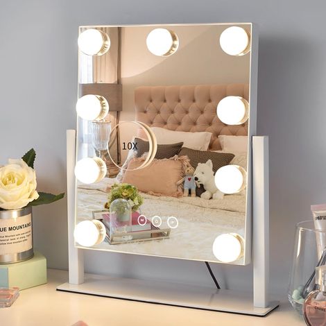 Espejo de tocador iluminado con 9 bombillas regulables para vestidor y dormitorio, iluminación de 3 colores, modos desmontables, aumento de 10x, rotación de 360° (blanco, 30,5 x 36,6 cm)
