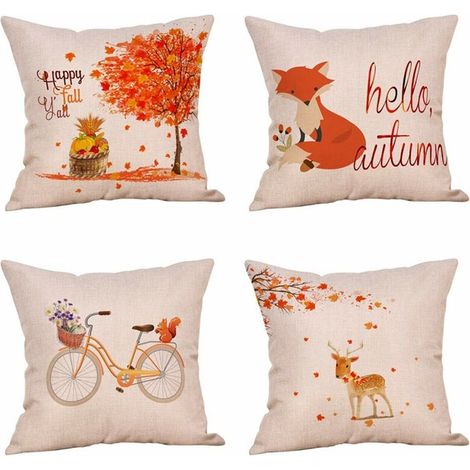 Filiyano – oreiller – Lot de 4 taies d'oreiller « Citations sur le coup de foudre » avec camion et citrouilles, 45 x 45 cm, en coton, style ferme (1/5)