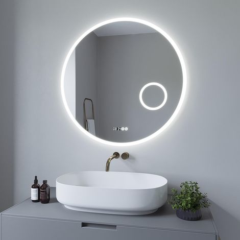 runder LED-Badezimmerspiegel 80 cm Badezimmerspiegel mit LED-Beleuchtung, runder Wandspiegel Kaltweiß 6400K, beschlagfrei, dimmbarer Touch-Schalter, Digitaluhr, 3-fache Lupe (1/5)