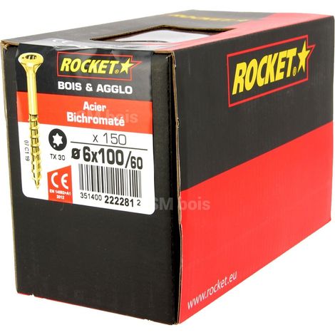 Rocket – Vis autoperceuse 6x100 tête fraisée étoile acier bichromaté – Filetage partiel pour bois dur – Vissage rapide et précis – Lot de 150