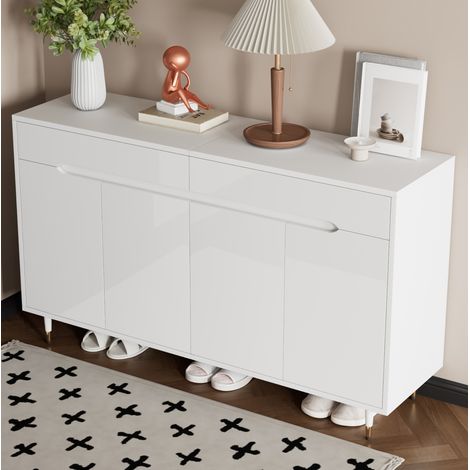 MODFU – Meuble chaussures 140x39x84 cm panneaux particules – 2 portes, 2 tiroirs et étagères réglables – 18-24 paires et 60 kg – Entrée – Blanc/or (1/5)