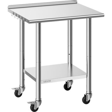 VEVOR Table de Travail Cuisine Professionnelle, Table Centrale Inox 76,2x61 cm 2 Niveaux, pour Preparation Cafe Hotel Restaurant, Poste de Travail en Acier Inoxydable sur Roulettes, avec Dosseret (1/5)