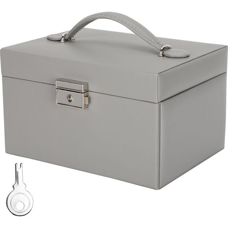 Boîte à bijoux à trois niveaux en cuir PU, grise, pour colliers, bagues et boucles d'oreilles. (1/5)