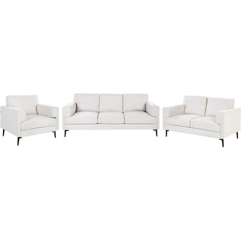Conjunto de sala de estar 6 plazas minimalista estilo moderno mediados siglo de tela patas metálicas reposabrazos rectos blanco crema Lousto (1/5)