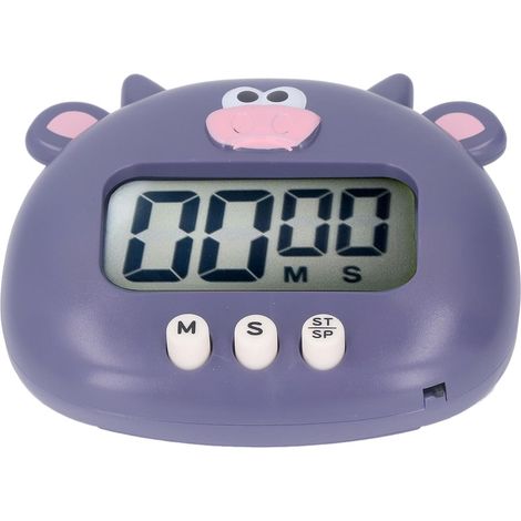 Minuteur de cuisine numérique avec compte à rebours, sons d'animaux et alertes lumineuses. Utilisation facile avec support pour apprendre à cuisiner. Vache violette. (1/5)