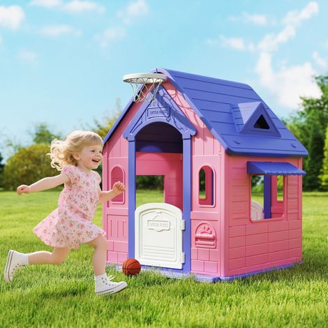 Casita Infantil Exterior e Interior 3 en 1 con Lanzamiento de Aros Baloncesto para Niños de 2-5 Años Rosa y Morado (1/5)