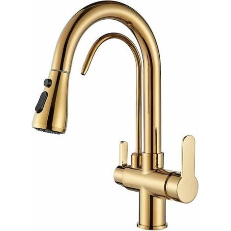 Robinet de cuisine 3 voies, mitigeur d'évier de cuisine doré avec douchette extractible, rotation à 360 degrés, robinet de cuisine à double poignée, mitigeur d'évier de cuisine à 3 modes de pulvérisat (1/4)