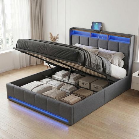 Letto contenitore 140x190 con rete a doghe, letto matrimoniale idraulico con illuminazione LED RGB e porte USB/Type-C, letto per adulti, testiera con contenitore, lino, stile moderno, Grigio
