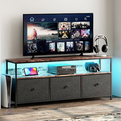 Meuble TV avec LED,Armoire TV de salon avec 3 tiroirs, tiroirs en tissu et structure en métal,108 x 29.8 x 57 cm, noir (1/5)