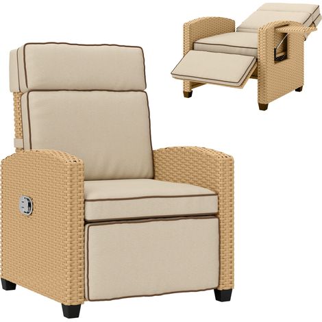 Outsunny Rattan Garden Recliner Sun Lounger w/ Flip Table, Khaki/Beige