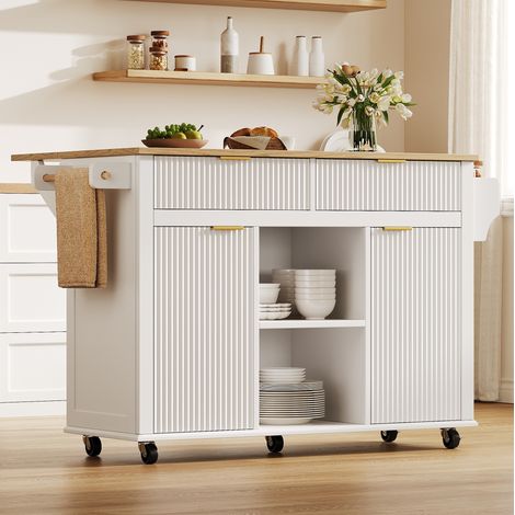Kücheninsel auf Rollen 120 x 45 cm mit klappbarer Arbeitsplatte, Küchenwagen mit 2 Schubladen, 2 Türen, Gewürzregalen und Handtuchhaltern, Rollbarer Küchenschrank mit Stauraum, Weiß (1/4)