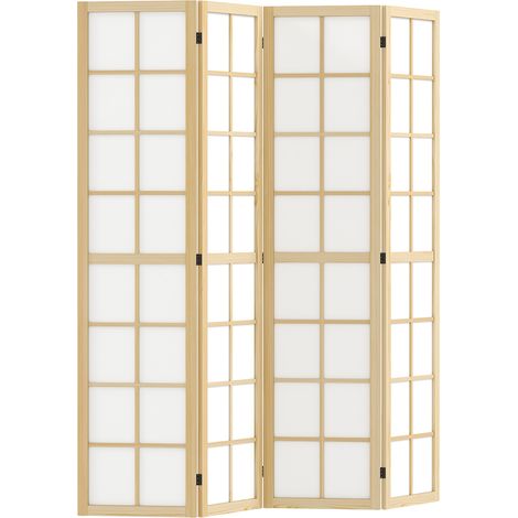 Faltbarer Paravent mit 4 Paneelen 160 x 170 cm aus Naturholz und Stoff (1/4)