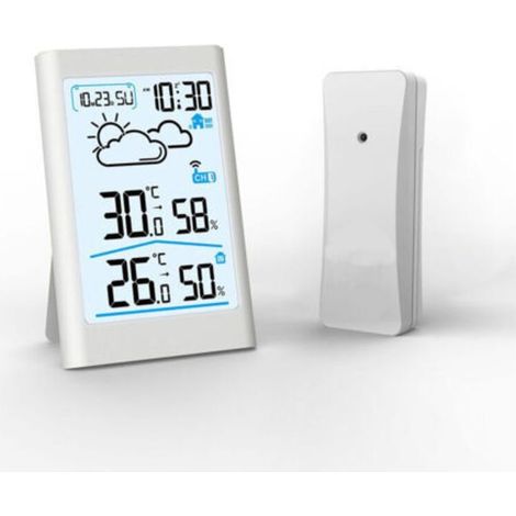 Innen- und Außentemperatur- und Luftfeuchtigkeitsmesser, drahtlose Wetterstation, großes LCD-Display, Wettervorhersage, elektronischer Wecker (1/4)