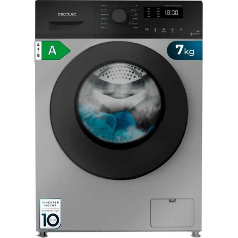 Steel-Waschmaschine mit 7 kg Fassungsvermögen und 1400 U/min, 12 Programmen, Klasse A, Inverter Plus Motor, Steam Max, Drum Clean, Delay Start und Kindersicherung.