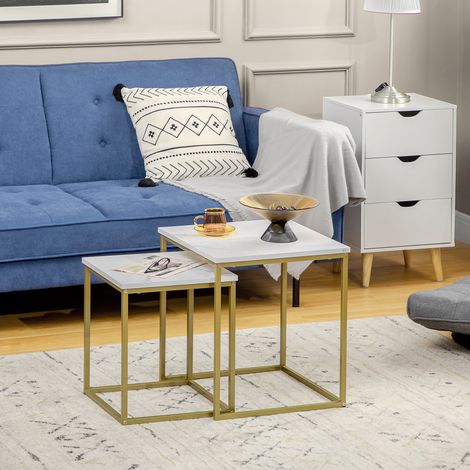 Lot de 2 tables basses gigognes carrées style art déco - acier doré panneaux aspect marbre blanc (1/5)