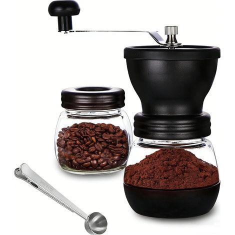 Moulin à café manuel avec broyeur en céramique et 2 récipients, argenté (1/5)