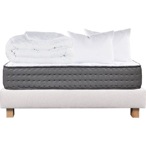 ZENITH - Pack Matelas + Sommier Tapissier Beige 160x200 cm + 2 Oreillers + 1 Couette (1/5)
