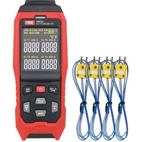 Thermomètre de mesure à thermocouple de type K/J à 4 canaux TA612C -2001372℃/-3282501℉, XU, 5000 ensembles de stockage de données, Avec téléchargement de données USB et mesure en temps réel - (1/4)