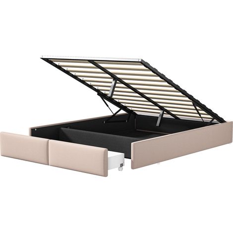 Lit coffre 160x200 cm, avec hydraulique de rangement, 2 tiroirs, sommier à lattes en bois, cadre en métal, lit capitonné en lin - Beige