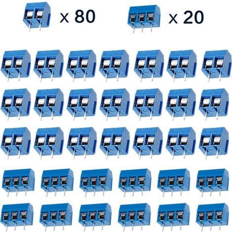 100 Pièces PCB Vis Connecteur, Bornier à Souder Bleu 5mm, Bornier à Vis de PCB Circuit Imprimé 2 Broches (Pin) et 3 Broches (Pin) (1/5)