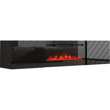 Mobilier1 – Meuble TV Charlotte 192 noir – 2 portes – Dimensions 183x38x35cm – Stratifié et verre trempé – Cheminée électrique LED intégrée