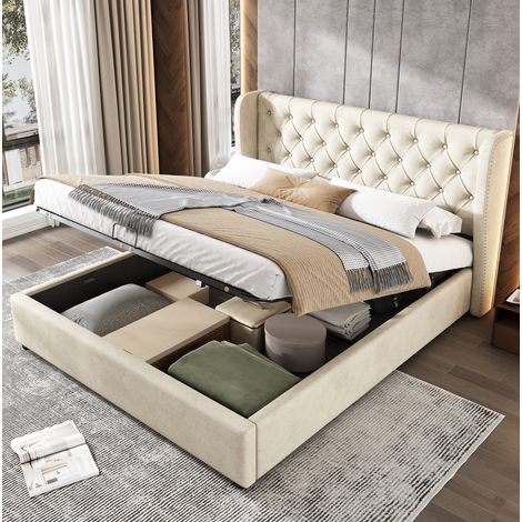 Letto matrimoniale contenitore velluto grigio 140x200 DESVIAE (1/5)