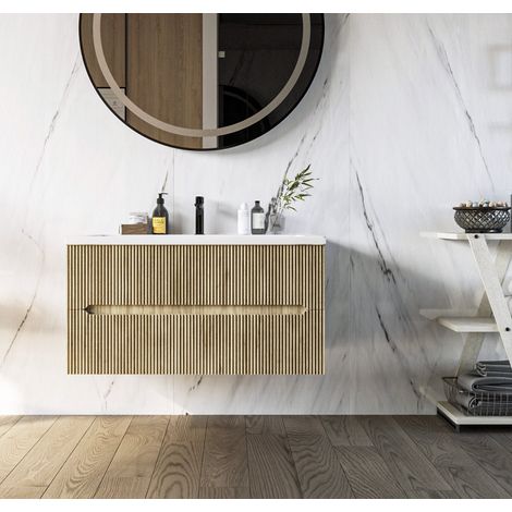 Exagonshop Mobile bagno teak 90x46 cannettato Urbino con lavabo