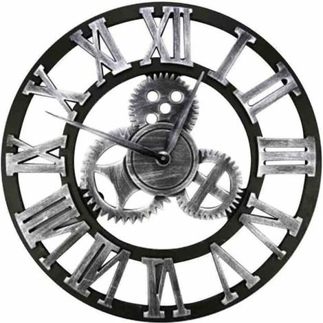 Large Vintage Style Wall Clock, Round, Metal, Silent, No Ticking, Battery Operated, 45cm, Black Roman Numerals, Living Room Clocks, Bedroom, Kitchen Decor Silver (1/5)