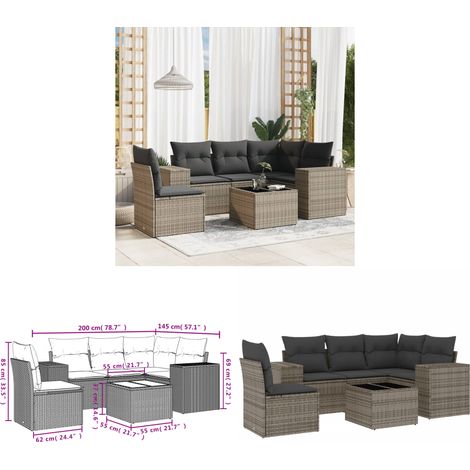 Salon de jardin 6 pcs avec coussins gris résine tressée - Ensemble Salon De Jardin - Meuble De Jardin - Salon Exterieur - Résine Tressée - Rotin Synthétique - Home & Living (1/3)