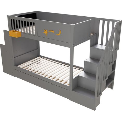 Cama litera infantil 90 x 200 cm de pino gris con escritorio, cajones y escalera (1/5)