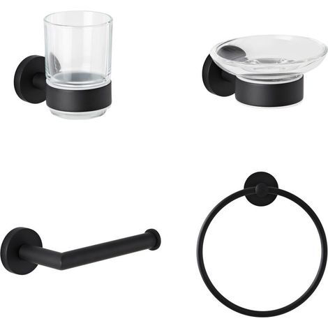 Milano Nero 4 Piece Bathroom Accessory Set with Toilet Roll Holder Towel Ring Tumbler and Soap Dish - Black (1/4)