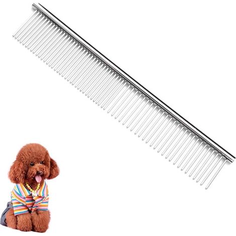 1 peigne pour animaux de compagnie, avec dents arrondies, en acier inoxydable, pour enlever les nœuds et les nœuds, peigne de toilettage pour chats et chiens (19 x 3,3 cm) (1/5)