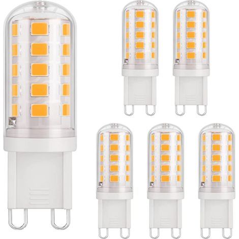 6 bombillas LED G9, 3W (equivalente a 40W), 430lm, 3000K, 220-240V, CRI85, ahorro de energía, base cerámica estándar, luz blanca cálida. (1/5)