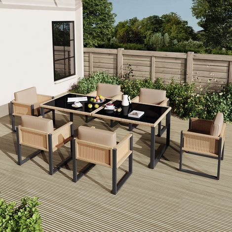Seyakany - Ensemble de table à manger extérieur 180x75x90 cm - 6 chaises, verre trempé, PE-Rattan, cadre en acier - Brun/Noir (1/5)