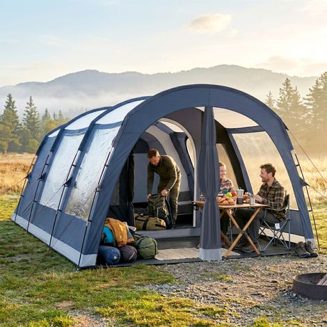 Tente tunnel de camping pour 2 à 4 personnes, 210 cm de hauteur, 2 pièces, imperméabilité 3000 mm, idéale pour le trekking, bleu marine. (1/5)