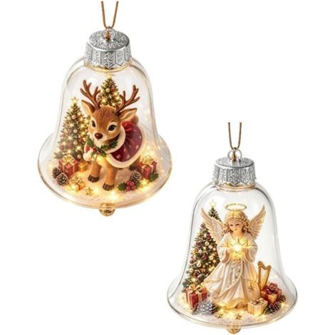 Lot de 2 Décorations Noël LED Lumineuses C, Cloche Scène d’Hiver 3D Miniature, Lumière Chaude pour Sapin Cheminée Éta BOULE DE NOEL (1/4)