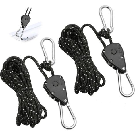 Ensemble de 2 cordes à cliquet réglables, 4 mètres, poulie à cliquet noire de 1/8", tendeur de corde à cliquet réfléchissant, convient pour l'éclairage, le jardinage, les tentes et la randonnée (1/5)