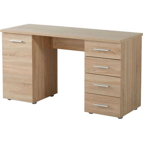 Schreibtisch Flaminio, 2 Ablagen, 4 Schubladen, 2 Fächer, 135x50x75,5h cm Eiche Braun