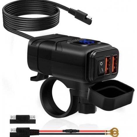 BEBUSINGOTO Chargeur Usb de Moto ÉTanche, Prise de Chargeur de Voiture Double USB/QC3.0, Prise USB Moto Etanche Charge Rapide avec Interrupteur et Voltmètre LED(lumière bleue) (1/5)
