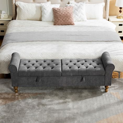 Banc de rangement moderne avec 2 couvercles, pouf en velours à accoudoirs roulés, convertible en lit de jour, pieds en bois d'hévéa, pour salon, entrée ou chambre, teinte anthracite. (1/5)