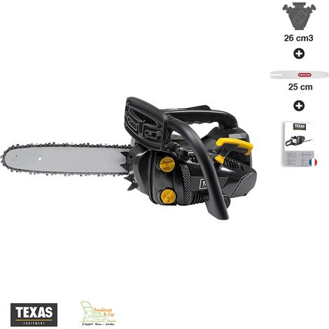 Tronçonneuse élagueuse thermique 26cc – Guide 25cm – Moteur 2 temps – Chaîne Oregon anti-rebond – Poids 3,9kg – Texas