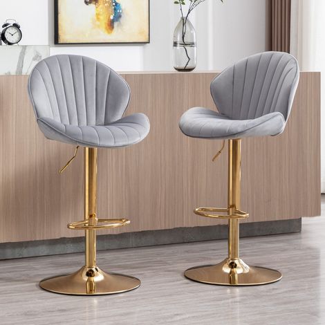 Wahson Lot de 2 tabourets de bar en velours gris – Réglables en hauteur – Dossier ergonomique – Pieds en métal doré – Hauteur d'assise 64,5-85 cm, Gris (1/5)