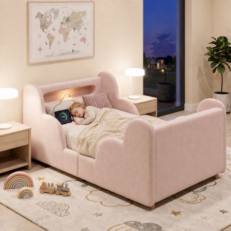Lit enfant 90x200 cm avec garde corps rembourré Lit simple rembourré avec veilleuse et port USB-C rangement Nuage Velours Rose