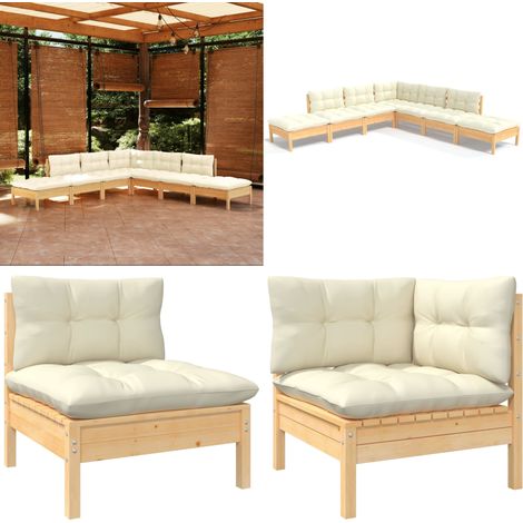 Salon de jardin 7 pcs avec coussins crème bois de pin - Ensemble Salon De Jardin - Salon De Jardin En Bois - Mobilier De Jardin - Meubles De Terrasse - Set Salon De Jardin - Home & Living (1/5)