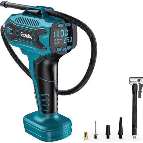 Compresseur sans fil 18V compatible Ma kita – Pompe à air portable avec écran numérique, tuyau prolongateur et embouts – 10bar max, idéal voiture, vélo, moto, ballon – Sans batterie (1/5)