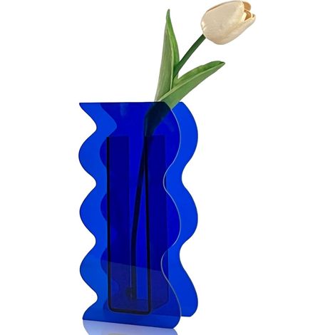 Klein Vase Acrylique Bleu Vase Géométrique en Forme de Vague Décor Moderne Moderne pour La Maison Bureau Mariage