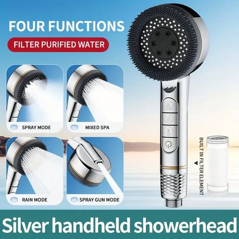 Pommeau de douche filtrant suralimenté (Silvery) 1 pièce, quatre vitesses, joint d'étanchéité, accessoire de douche multifonctionnel pour la maison et la salle de bain. (1/5)