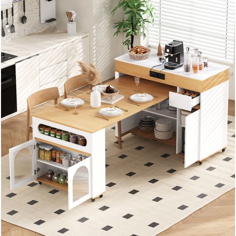 Isla de cocina con ruedas y mesa extraíble con enchufes, aparador de MDF blanco natural (1/5)