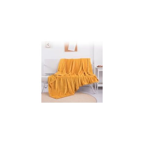 Couverture en flanelle à franges pompons, légère et confortable, jeté doux, pour canapé, convient en toutes saisons, jaune moutarde, env. 130 x 150 cm (1/4)