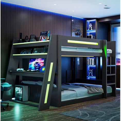 Etagenbett 140x200 cm mit Schreibtisch, 2 Regalen, USB-Anschlüssen und LED, in Holz schwarz, ohne Matratze (1/5)